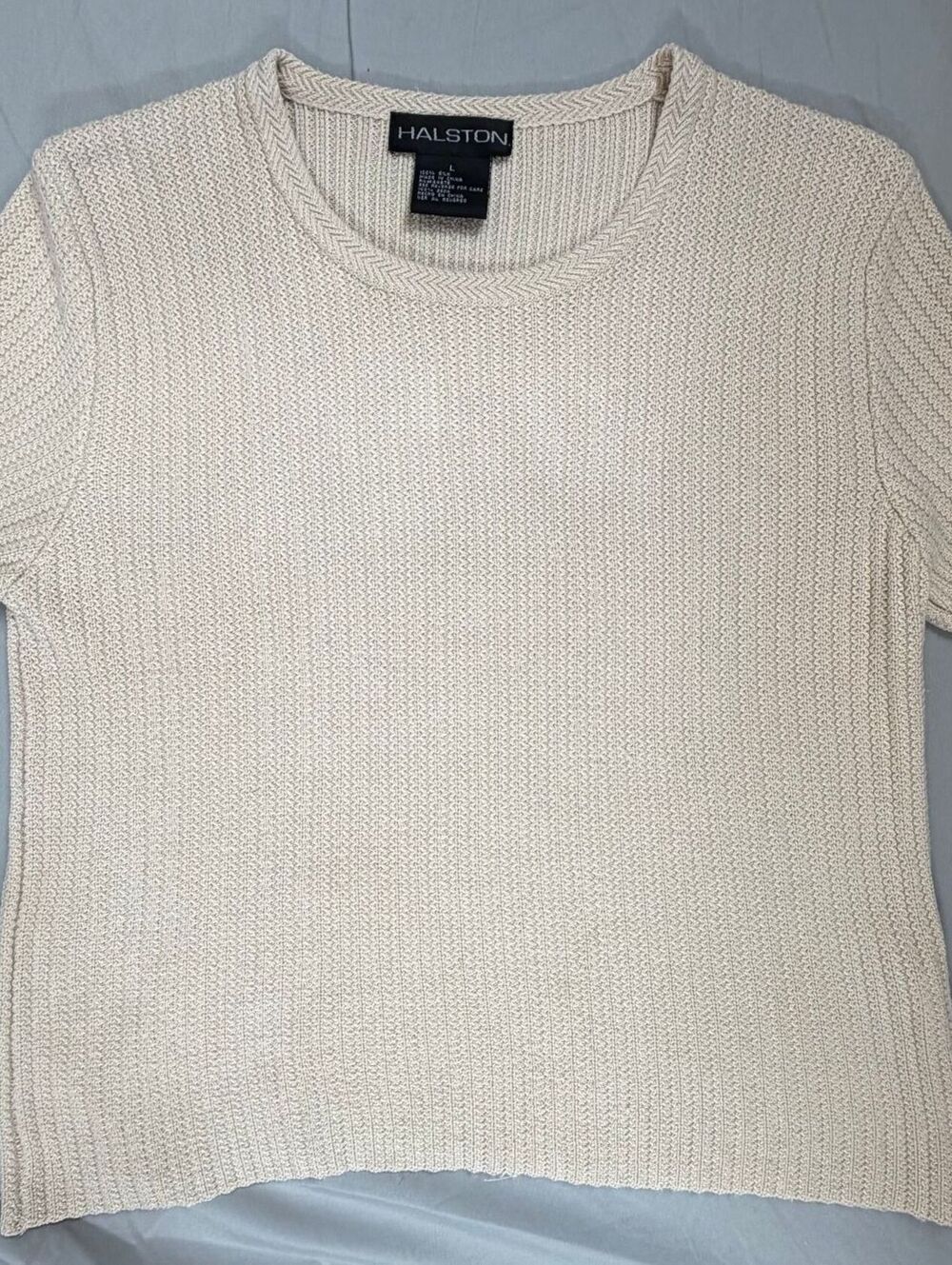 Halston Women's 100% Silk Knit Sweater Top L Ivory Short Sleeve Quiet Luxury